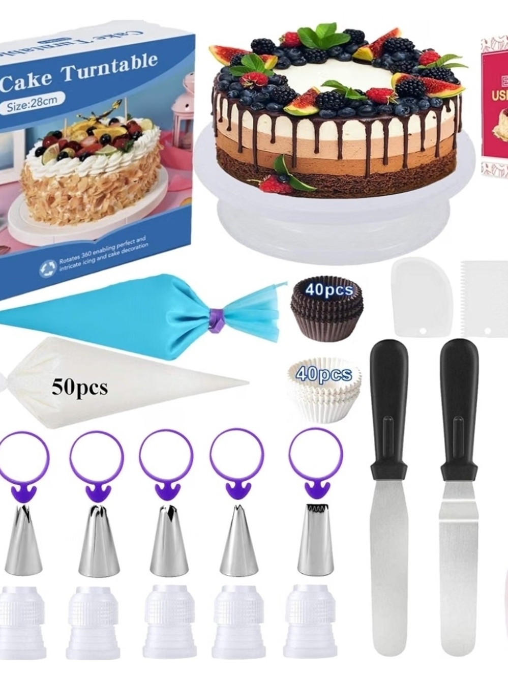 New Cake Decorating Kits Baking Supplies 156Pcs with Cake Turntable Stand 28 Cm